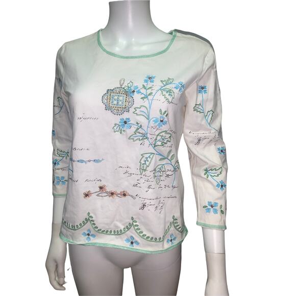 Petite Sophisticate Tops - Petite Sophisticate White Long Sleeve Embroidered Beaded Design Top S
